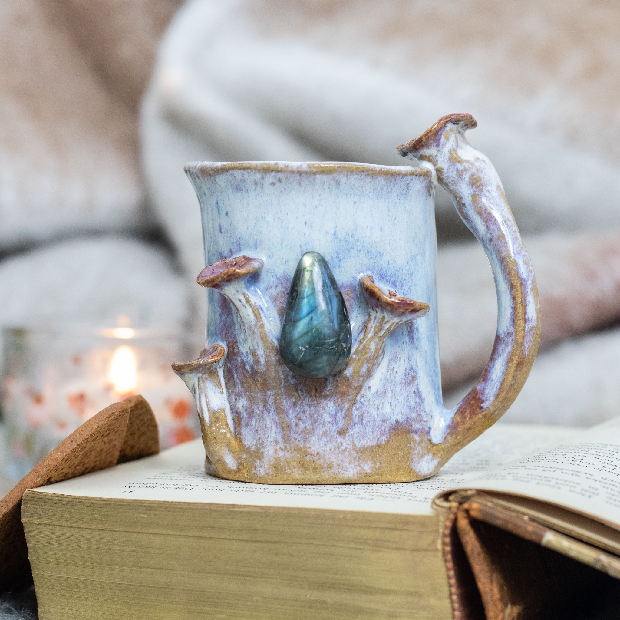 Handmade Ceramic Mug with Labradorite Crystal - Forest Aesthetic Coffee Cup, Whimsical Mushroom Handle Pottery Gift