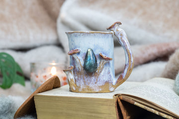 Handmade Ceramic Mug with Labradorite Crystal - Forest Aesthetic Coffee Cup, Whimsical Mushroom Handle Pottery Gift