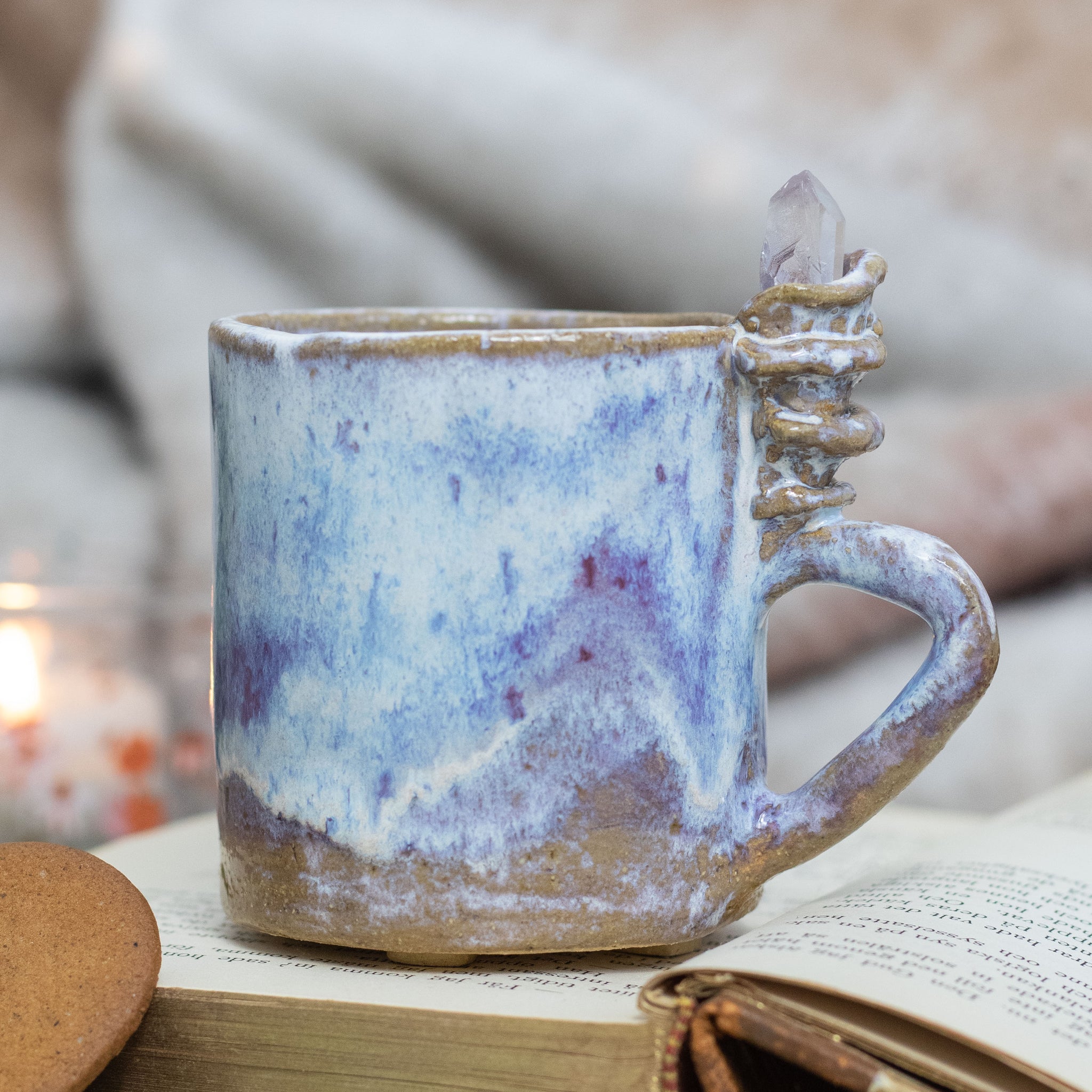 Handmade Ceramic Mug with Clear Quartz Crystal - Small Whimsical Pottery Cup, Forest Mushroom Aesthetic Gift