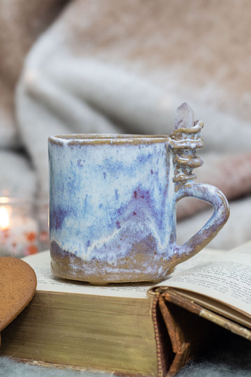 Handmade Ceramic Mug with Clear Quartz Crystal - Small Whimsical Pottery Cup, Forest Mushroom Aesthetic Gift