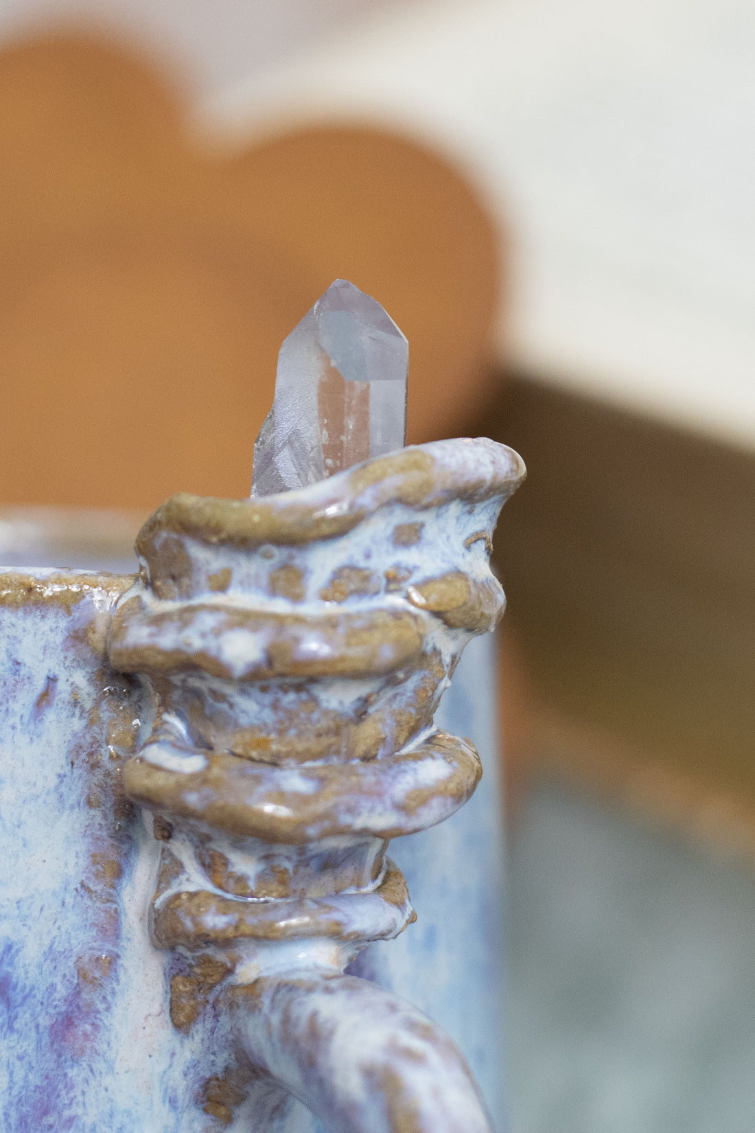 Handmade Ceramic Mug with Clear Quartz Crystal - Small Whimsical Pottery Cup, Forest Mushroom Aesthetic Gift