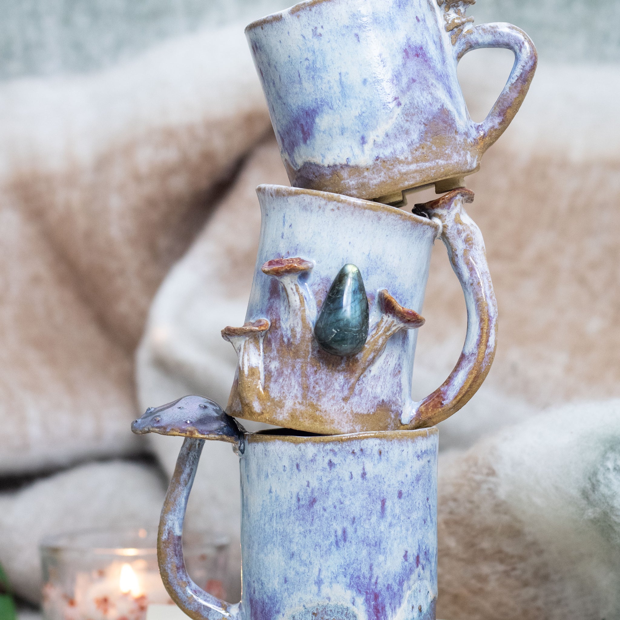 Handmade Ceramic Mug Set with Crystals - Whimsical Forest Aesthetic Pottery, Unique Gift Set