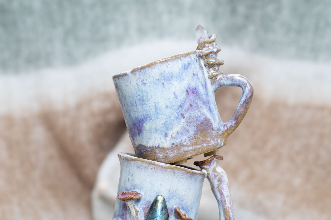 Handmade Ceramic Mug Set with Crystals - Whimsical Forest Aesthetic Pottery, Unique Gift Set