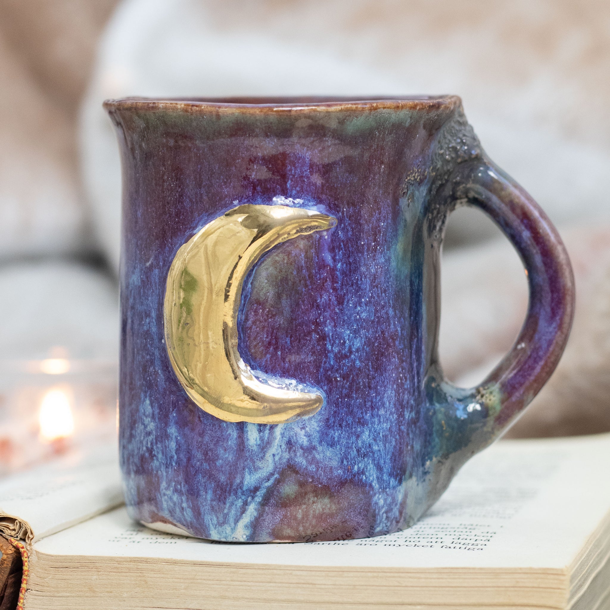 Perfectly Imperfect Handmade Ceramic Moon Mug - Gold Luster Forest Aesthetic Pottery