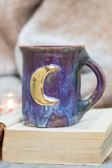 Perfectly Imperfect Handmade Ceramic Moon Mug - Gold Luster Forest Aesthetic Pottery