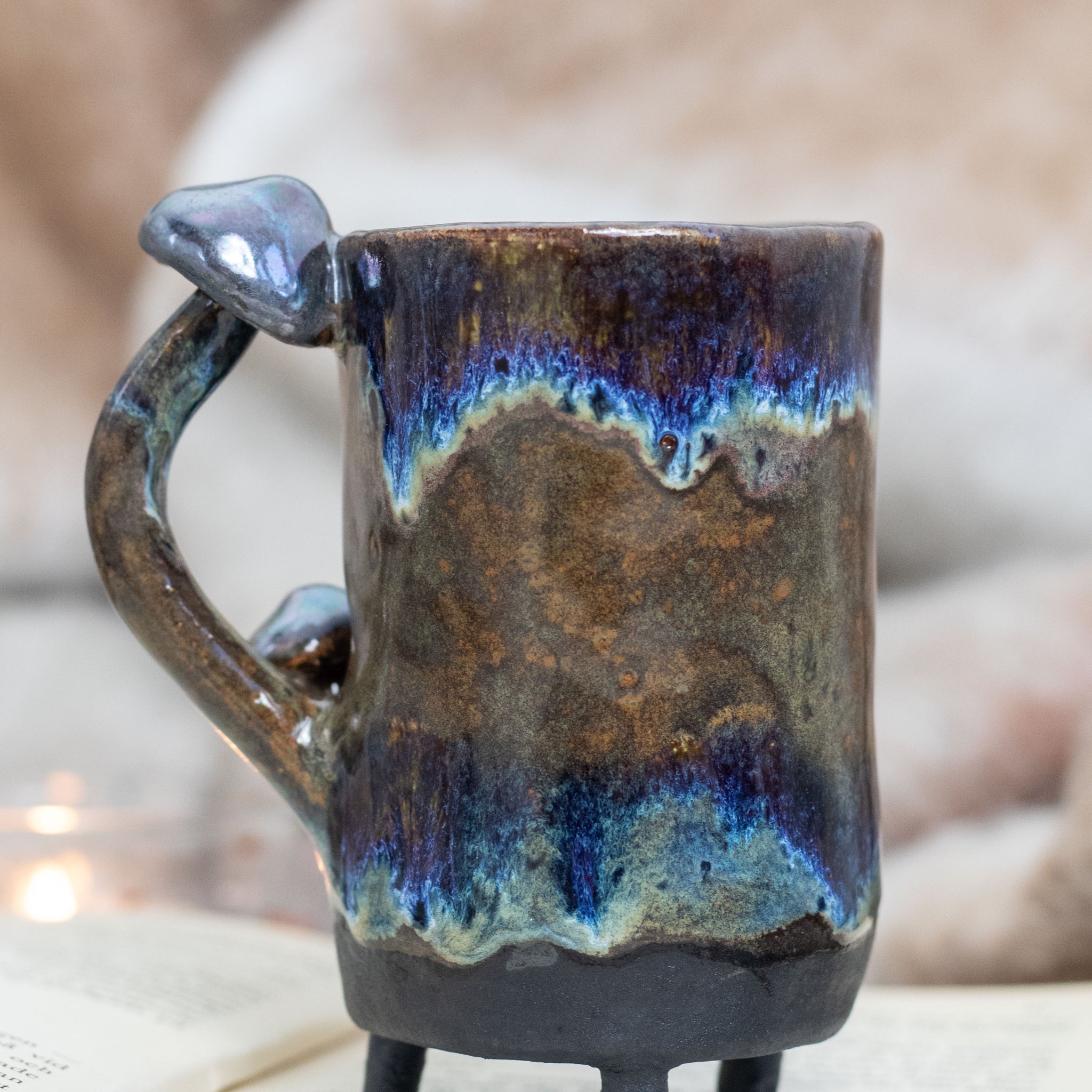 Small Handmade Mushroom Ceramic Mug - Mother of Pearl Accents, Whimsical Forest Aesthetic