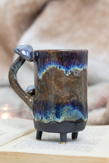 Small Handmade Mushroom Ceramic Mug - Mother of Pearl Accents, Whimsical Forest Aesthetic