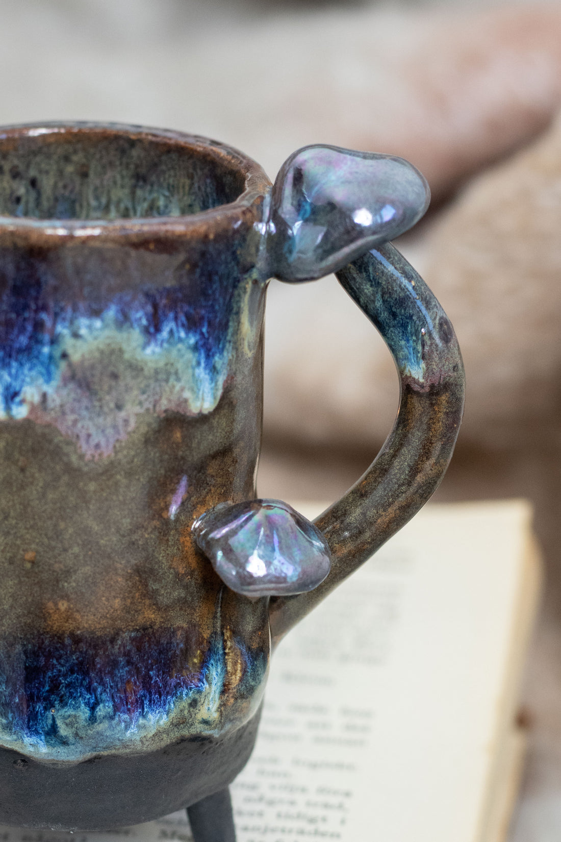 Small Handmade Mushroom Ceramic Mug - Mother of Pearl Accents, Whimsical Forest Aesthetic