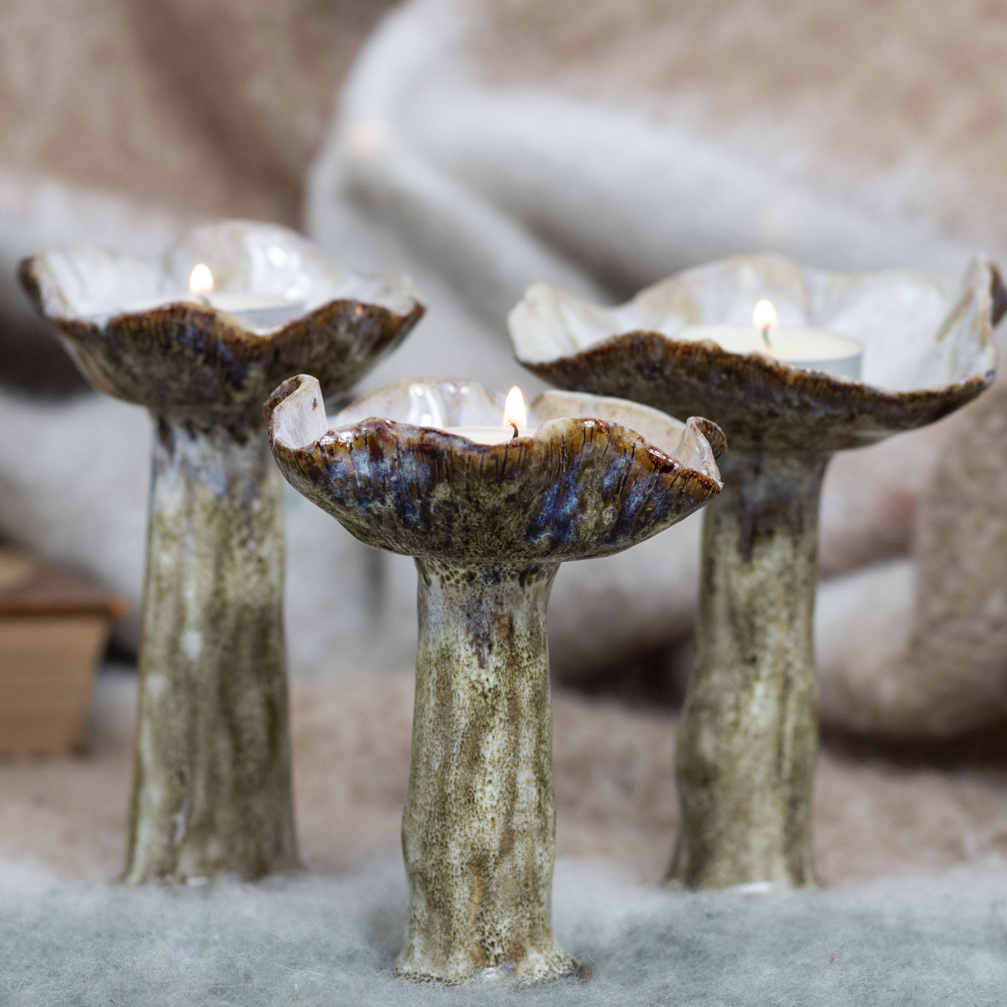 Mushroom Tealight Holder Set – Handmade Ceramic Forest-Inspired Decor (Set of 3)