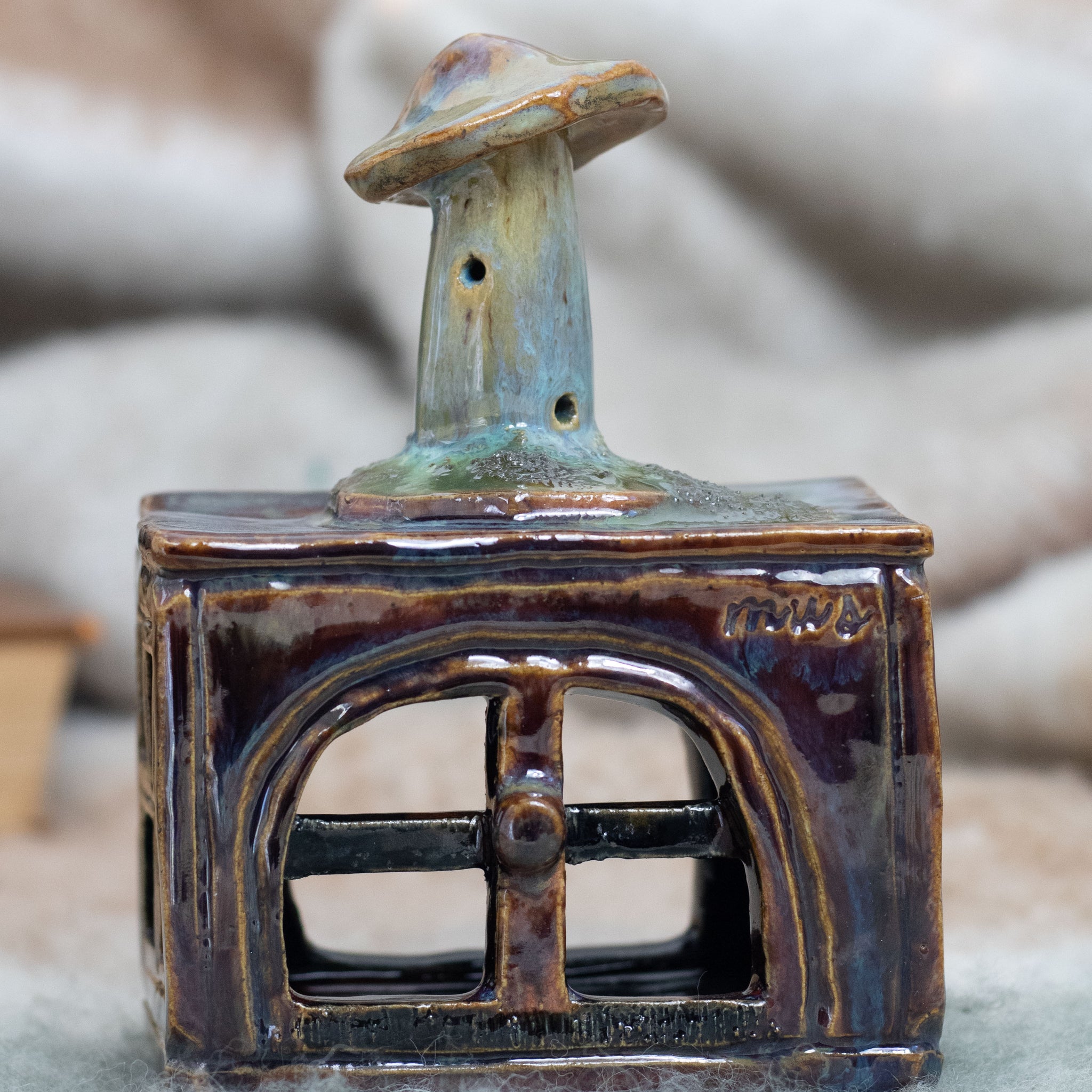 Handmade Ceramic Tealight Holder - Whimsical Wood Stove Design with Mushroom Chimney