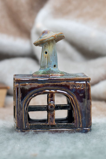 Handmade Ceramic Tealight Holder - Whimsical Wood Stove Design with Mushroom Chimney