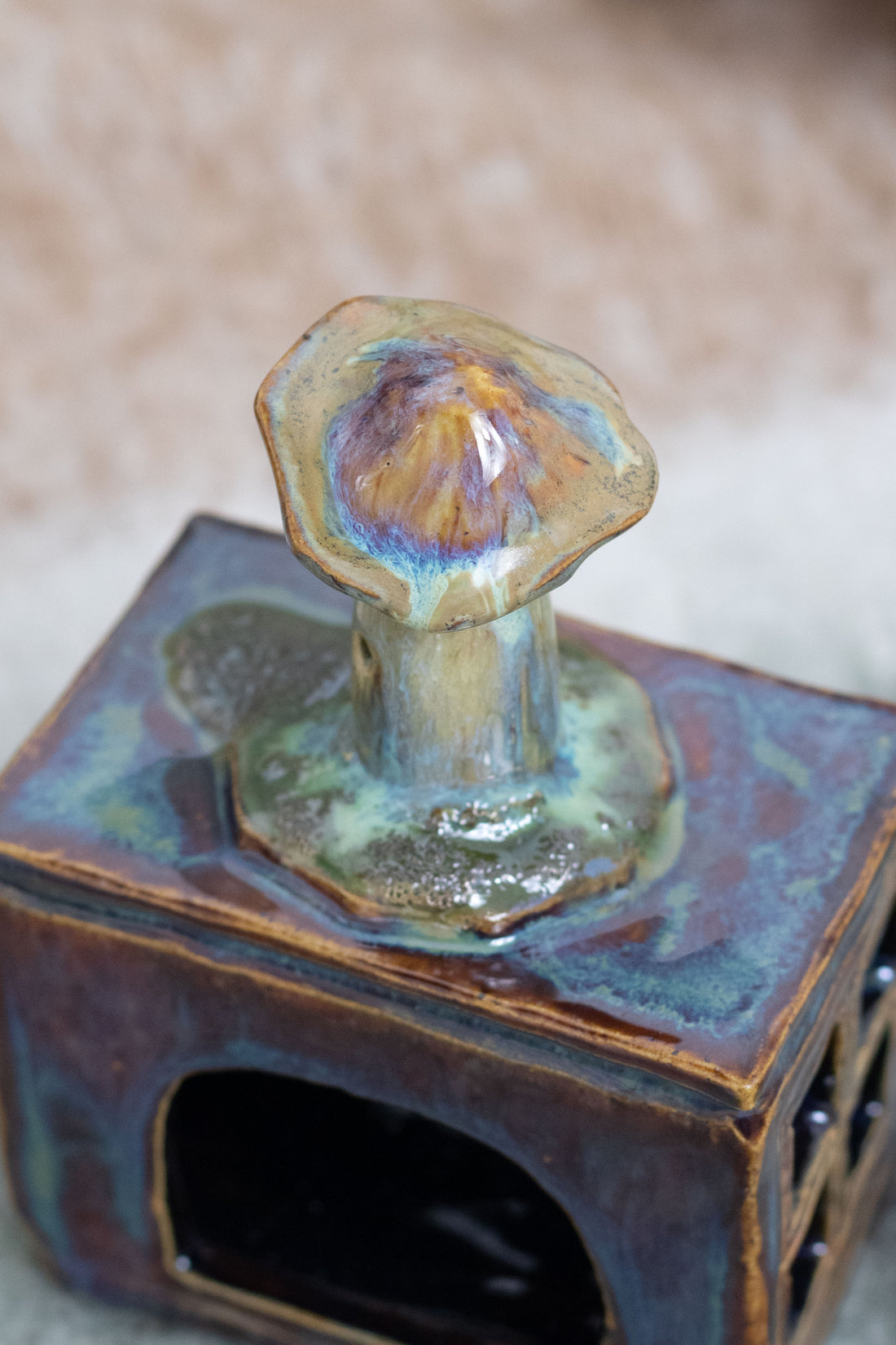 Handmade Ceramic Tealight Holder - Whimsical Wood Stove Design with Mushroom Chimney