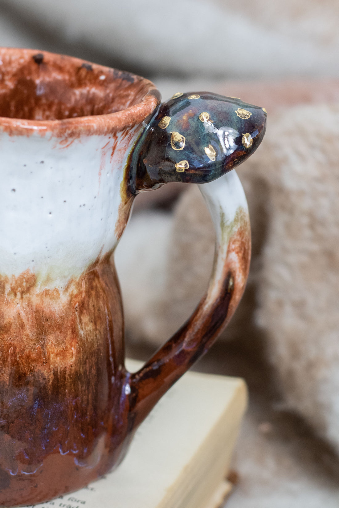 Large Handmade Ceramic Tea Mug with Gold Luster - Perfectly Imperfect Rustic Charm Mushroom