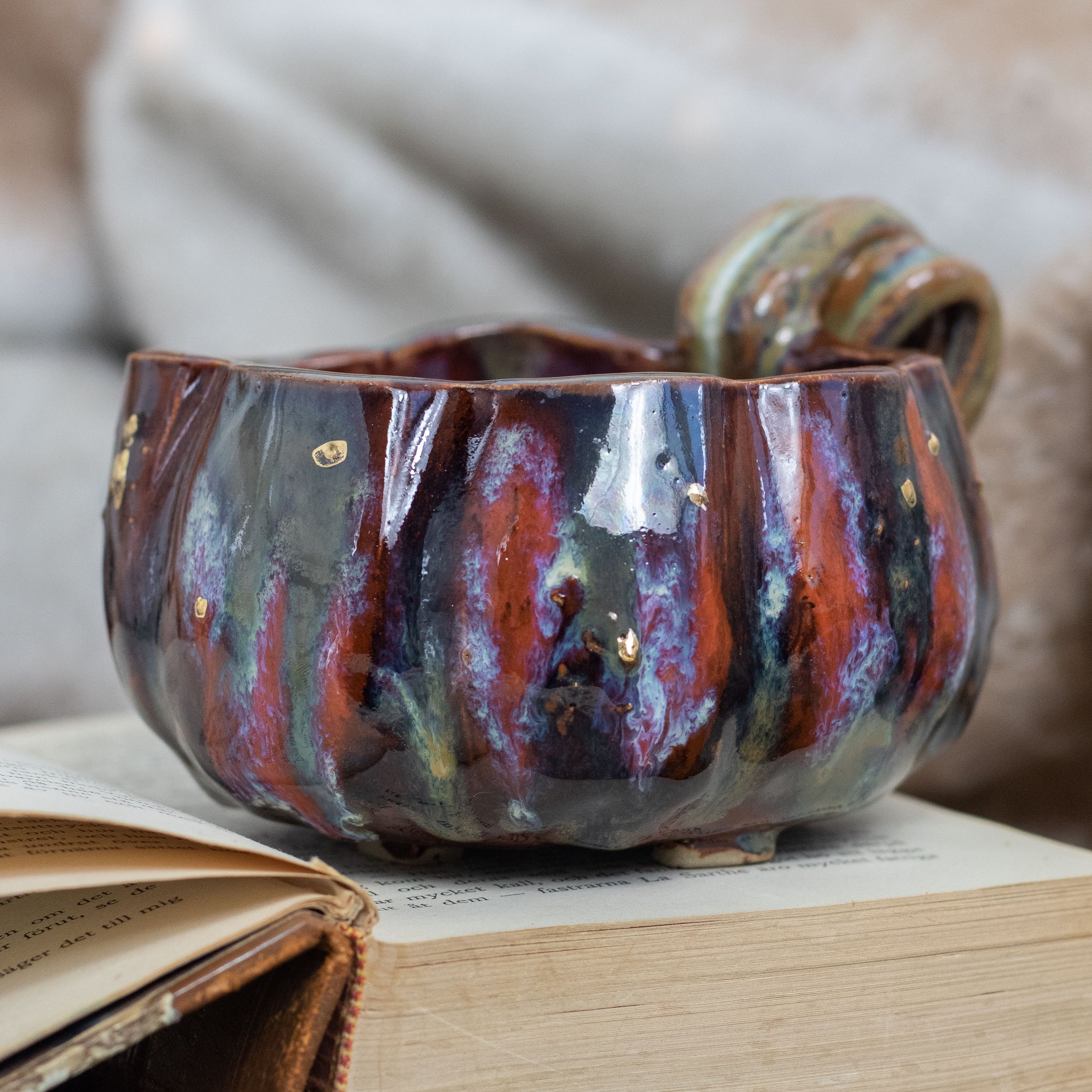 Handmade Pumpkin Ceramic Mug - Large Gold Luster Soup Bowl Mug for Hot Chocolate or Coffee