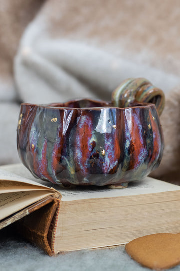 Handmade Pumpkin Ceramic Mug - Large Gold Luster Soup Bowl Mug for Hot Chocolate or Coffee
