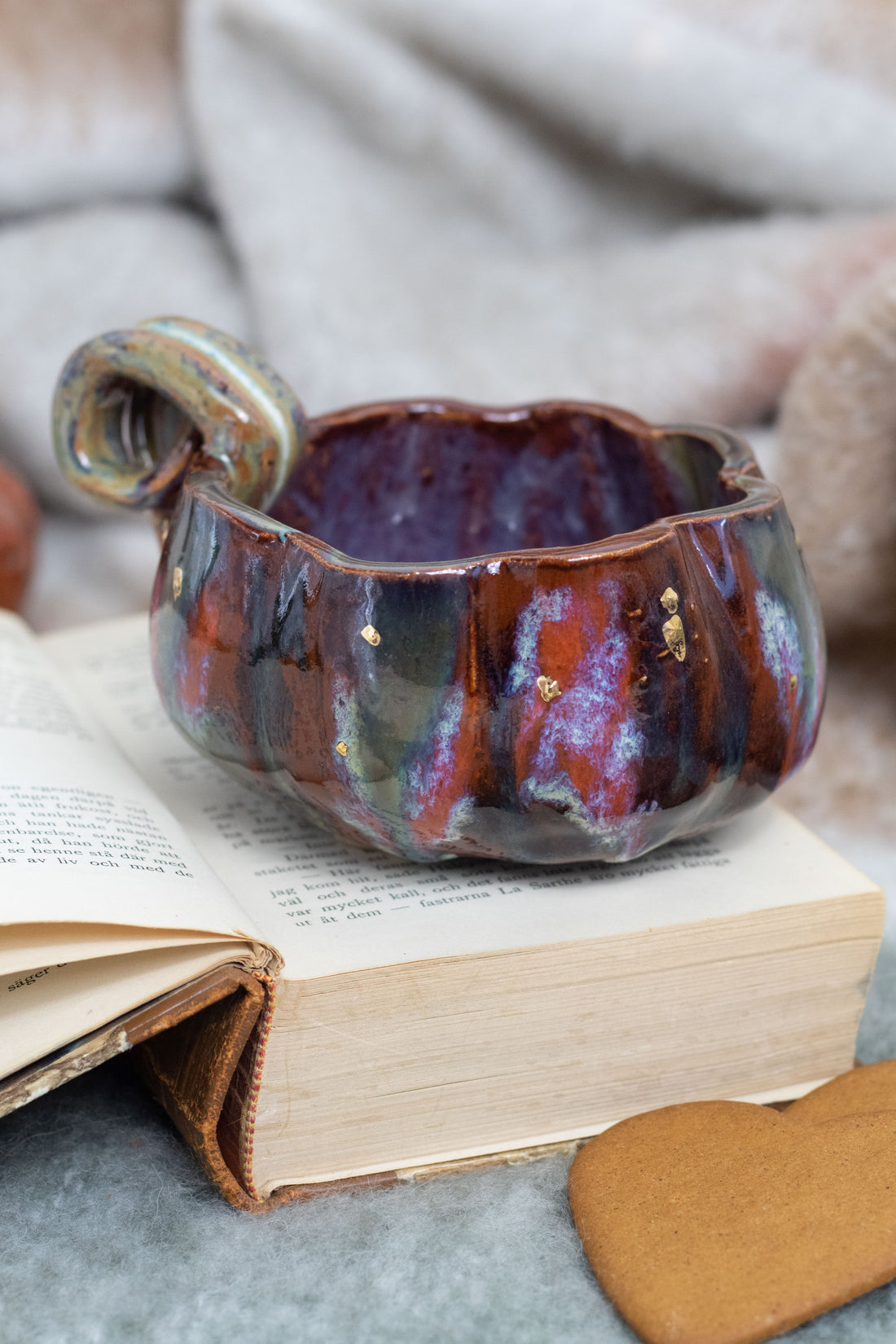 Handmade Pumpkin Ceramic Mug - Large Gold Luster Soup Bowl Mug for Hot Chocolate or Coffee