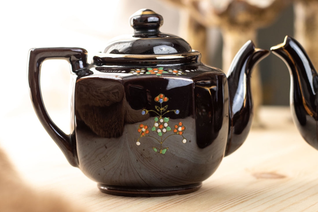 Vintage Cottagecore Brown Betty Teapot Set | Retro 1950s Japanese Moriage Hand-Painted Enamel