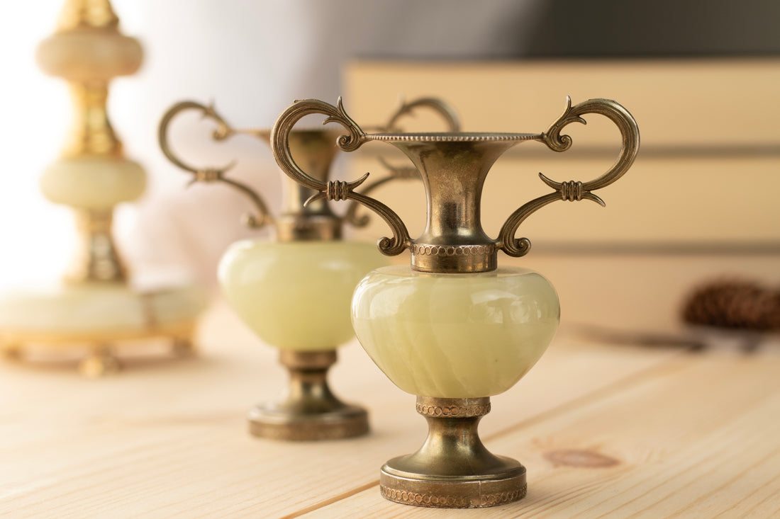 Set of 2 Miniature Onyx & Metal Amphora Vases