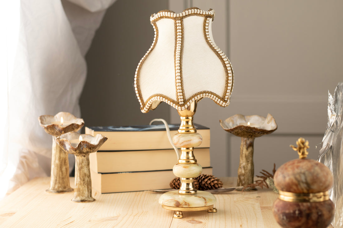 Vintage Lamp with Onyx Base & Adorable Lampshade - Cottagecore