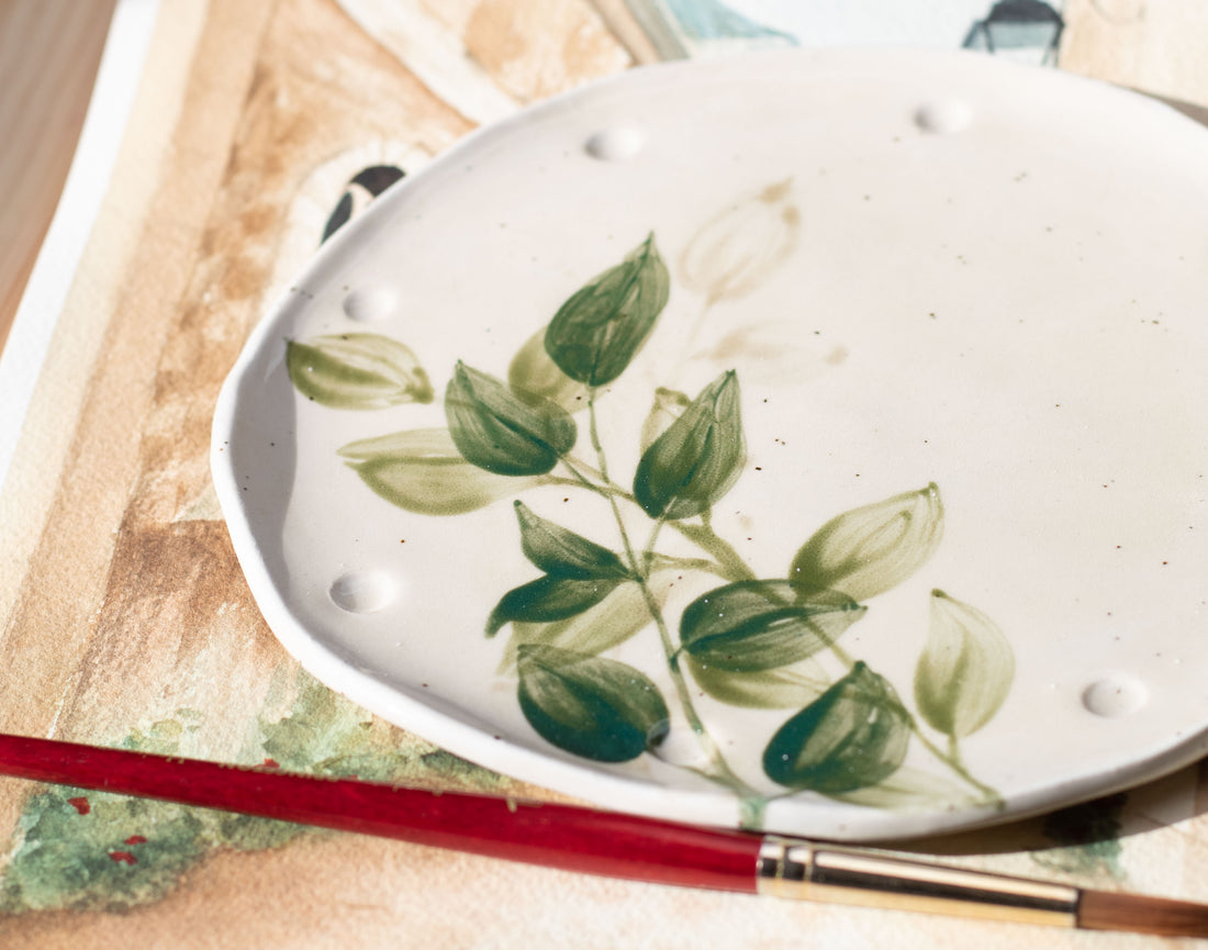 🌿 Handmade Ceramic Watercolor Palette – Botanical Leafs Watercolors 🌿 For Artists